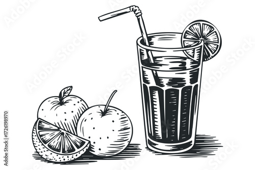 Glass of juice with straw and whole and sliced citrus fruits. Vector hand drawn illustration