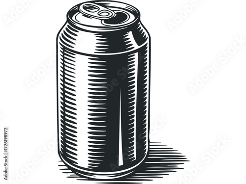 Monochrome beverage can with pull tab and hatched shadow. Vector hand drawn illustration