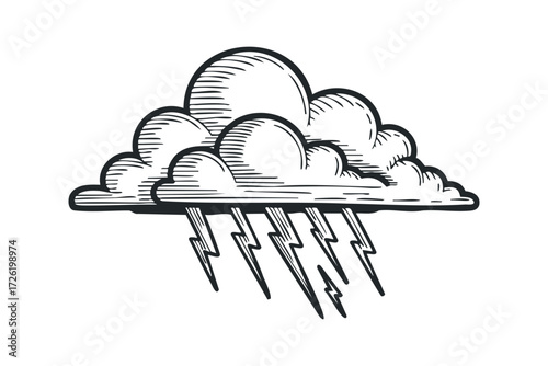 Storm cloud with lightning bolts raining down. Vector hand drawn illustration