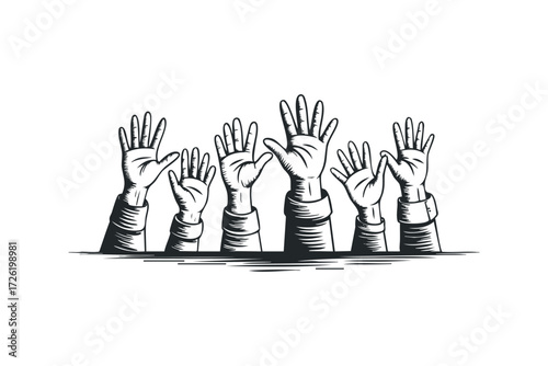 Multiple raised hands with fingers spread. Vector hand drawn illustration