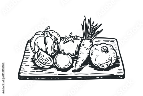 Hand-drawn assortment of vegetables on a cutting board. Vector hand drawn illustration