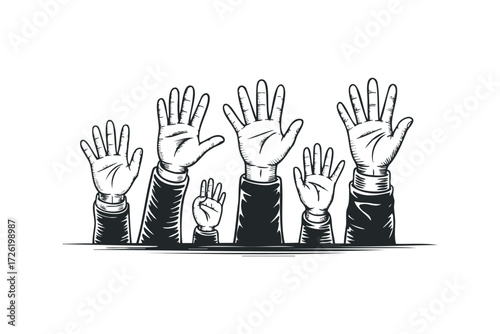 Group of raised hands reaching upwards from bottom. Vector hand drawn illustration