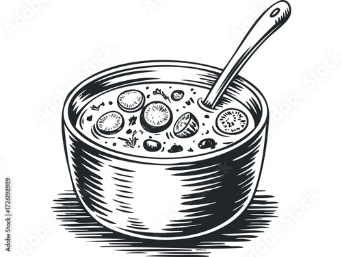 Sketch of Hearty Stew in Bowl With Spoon. Vector hand drawn illustration