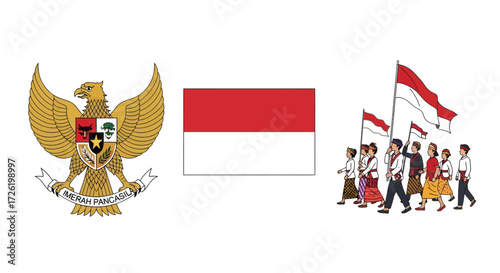 Vector illustration showcasing the Indonesian national emblem, vibrant flag, and a joyful patriotic parade, embodying collective pride and cultural identity