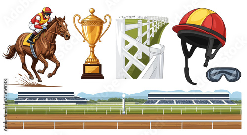 Horse Racing Competition Elements Jockey, Horse, Trophy, and Track with Fence Illustration