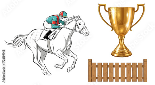 Horse Racing Victory Jockey and Horse with Trophy and Fence Illustration