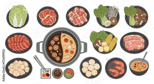 Delicious Hot Pot Ingredients and Cooking Pot Illustrated