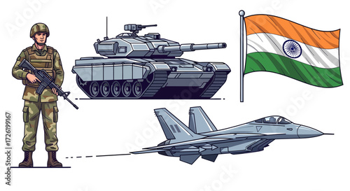 Indian Military Power Soldier, Tank, and Fighter Jet with National Flag