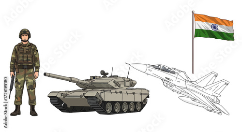 Vector set of Indian soldier, battle tank, fighter jet, and national flag, depicting defense and security on a white background