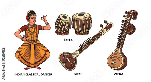Vibrant Vector Collection of Traditional Indian Classical Dance and Authentic Musical Instruments Sitar, Veena, and Tabla Art