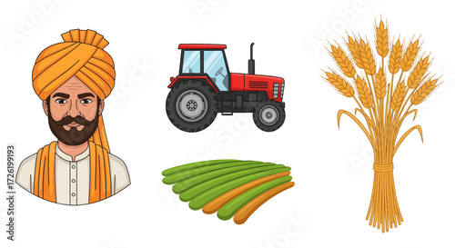 Diverse vector set depicting Indian agriculture and rural life, featuring a traditional farmer, modern tractor, golden wheat harvest, and fertile green fields for farming-related projects