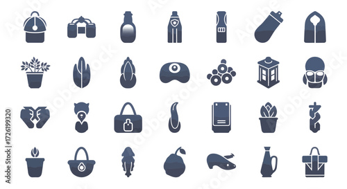 Vector set of diverse abstract icons, perfect for modern UI design, representing various cultural elements, everyday objects, and stylized food items for creative projects