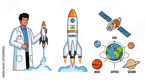 Comprehensive vector set showcasing space exploration with launching rockets, an orbiting satellite, a detailed planetary system diagram, and a scientist, all isolated on a white background