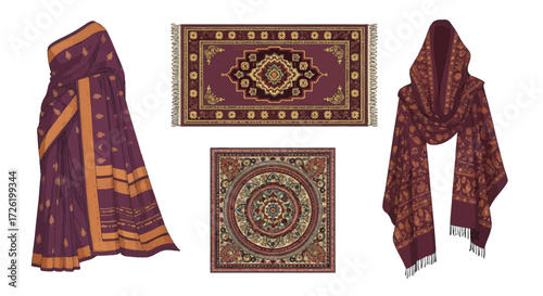 Vector set of traditional Indian textiles elegant sari, ornate cultural rugs, and a decorative shawl. Illustrations reflecting rich heritage and intricate artistry of India