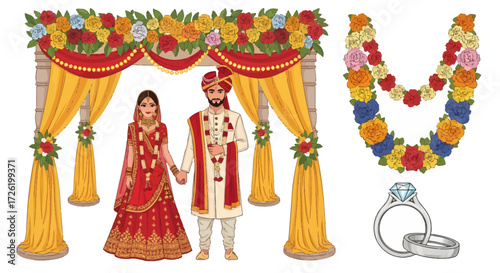 Traditional Indian Wedding Ceremony Vector Set Adorned Bridal Couple, Sacred Mandap, Floral Garland, and Engraved Gold Rings for cultural celebration