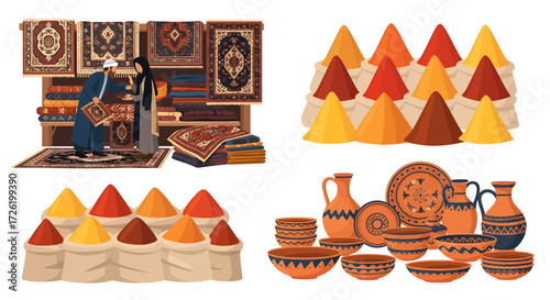 Vector set of traditional market goods featuring a vibrant spice collection, handcrafted pottery, and intricate oriental rugs, capturing cultural artisan crafts