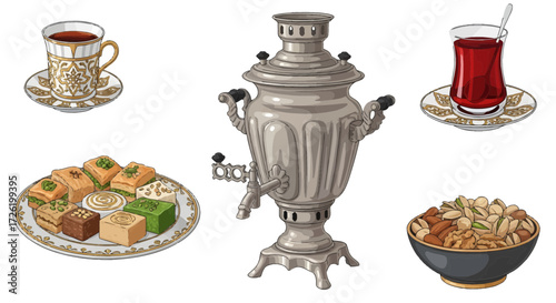 Traditional Tea Ceremony Elements Vector Collection Featuring Classic Samovar, Ornate Tea Cups, Assorted Eastern Sweets, and Nuts for Cultural Beverage and Dessert Display