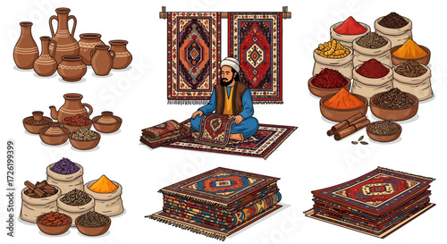Vector set of traditional Middle Eastern market items, featuring a merchant, intricate hand-woven rugs, aromatic spices, and handcrafted pottery, representing vibrant local culture