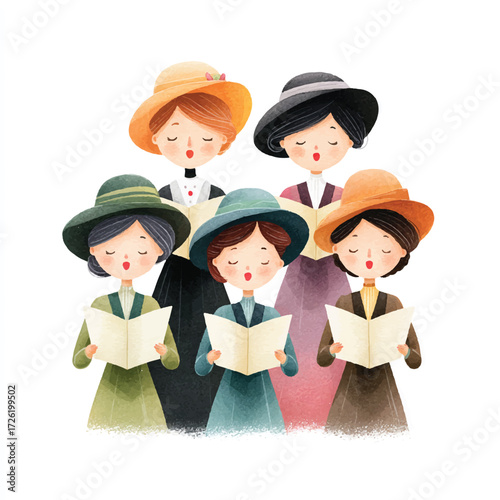 Group of women in vintage attire singing from songbooks.