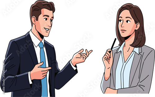 Business professionals talking, office communication, teamwork, discussion, workplace collaboration, corporate conversation, partnership, planning, strategy meeting, brainstorming, 
