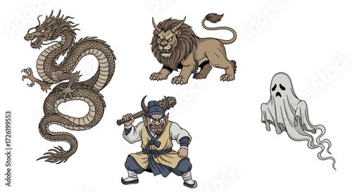 Fantasy Creatures and Characters Dragon, Lion, Warrior, and Ghost Illustrations