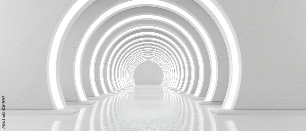 Obraz premium Futuristic white tunnel with concentric illuminated arches and a reflective floor, creating a clean, modern, and symmetrical visual effect in a minimalist space