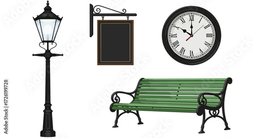 Vector set of classic urban elements elegant street lamp, traditional hanging sign, timeless wall clock, and rustic park bench, isolated for design projects