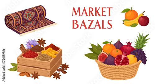 Detailed vector illustration showcasing a variety of traditional market items such as fragrant spices, an oriental rug, and a rich harvest of fresh fruits