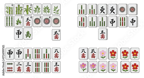 Vector illustration set of traditional Mahjong game tiles, showcasing various detailed bamboo, character, circle, and flower pieces for gaming and cultural design projects