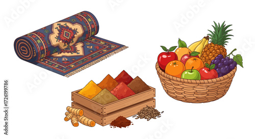 A vibrant collection of traditional home and culinary illustrations featuring a decorative rolled rug, a selection of fresh aromatic spices, and a bountiful basket of assorted fruits