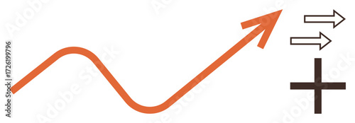 Orange upward curve with arrow, double arrows pointing right, plus sign suggesting growth, progress, and positivity. Ideal for success, achievement, improvement, advancement development analytics