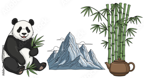 Cute Panda Bear Sitting Next to Bamboo and Mountains with Traditional Teapot