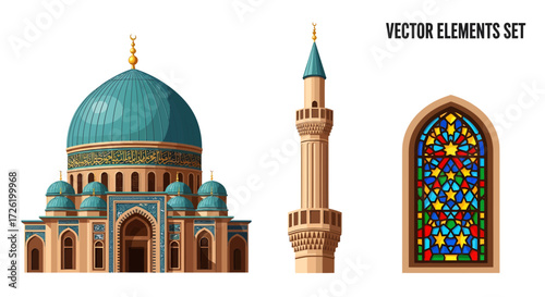 Islamic Architecture Elements Mosque, Minaret, and Stained Glass Window