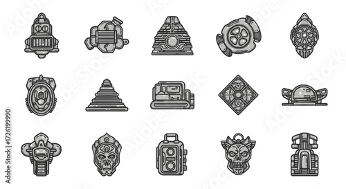 Monochrome vector set of abstract symbols, intricate emblems, and stylized decorative objects. Perfect for game interfaces, futuristic designs, and various graphic design assets