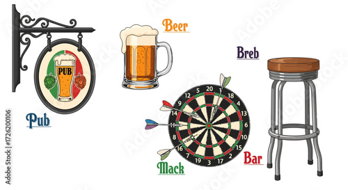 Vector illustration set of pub and bar essentials, featuring a hanging sign, a beer mug, a dartboard game, and a high bar stool on a white background