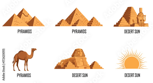 Iconographic Set of Egyptian Pyramids and Sphinx on a White Background