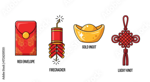 Vector illustration set of traditional Chinese New Year symbols, including red envelopes, firecrackers, gold ingots, and lucky knots for celebration