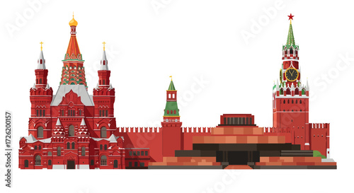 Iconic Moscow Landmarks Red Square, Kremlin, and Mausoleum Skyline Illustration