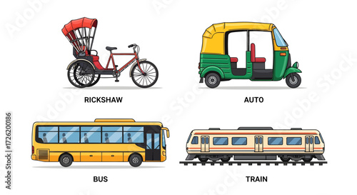 Collection of Indian Transport Options Rickshaw, Auto, Bus, and Train on a White Background