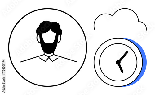 Male avatar inside circular frame accompanied by cloud and clock icons representing time, cloud storage, and user profile. Ideal for technology, productivity, planning, identity, cloud computing
