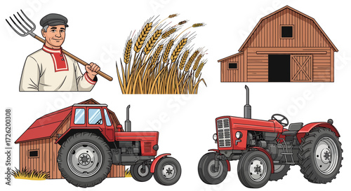 Agricultural life farmer, barn, tractors, and wheat illustration