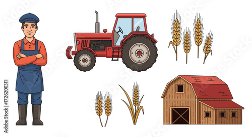 Agricultural illustrations of a farmer, tractor, wheat, and barn