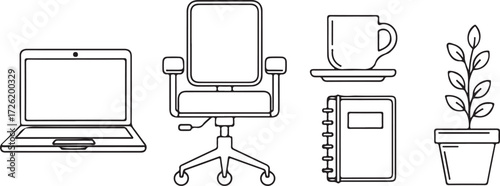 Office desk icons laptop chair coffee notebook plant on white background Keywords: laptop, computer