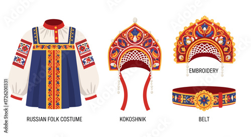 Traditional Russian Folk Costume Elements Embroidery, Kokoshnik Headdress, and Belt