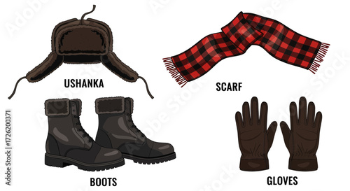 Winter Clothing Essentials Ushanka Hat, Scarf, Boots, and Gloves