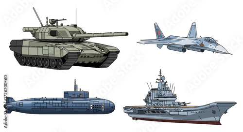 Military Vehicles Set Tank, Jet, Submarine, and Aircraft Carrier Vector Illustration