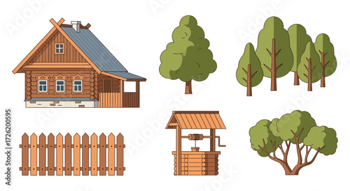 Vector illustration of traditional Russian village elements including a wooden house, fence, well, and trees