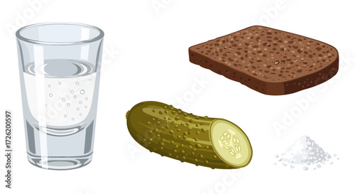 Russian Food and Drink Essentials Vodka, Pickle, and Bread