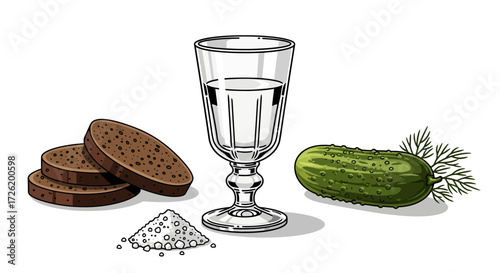 Traditional Russian Toasting Elements Vodka, Bread, Salt, and Pickle, Isolated on White