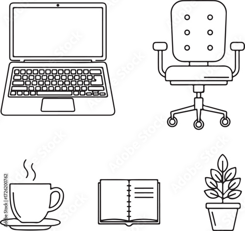 Office desk icons laptop chair coffee open book plant on white background Keywords: laptop, computer